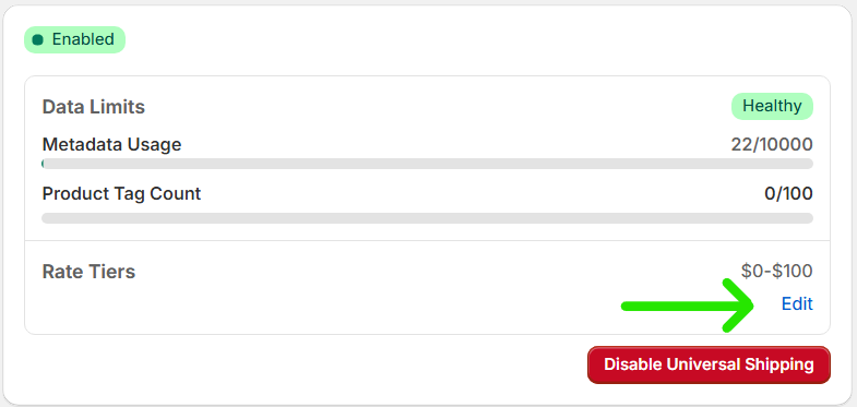 The Universal Shipping dialog rate tiers. This element is broken down into two sections: Data Limits and Rate Tiers. A green arrow in the Rate Tiers section is pointing to a blue ink that says 'Edit'