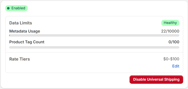 A rectangular UI element titled Metadata Health Metrics. Beneath, two progress bars are listed. One labeled Metafield Size indicates 22 out of 10000 bytes have been used. Just below, the Product Tag Count indicates 0 out of 100 product tags have been used