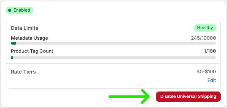 The Universal Shipping element which can be found on the Parcelify front page. This frame displays Data limits with Metadata Usage and Product Tag Count displayed underneath, a listing to edit Rate Tiers, and finally a red Disable Universal Shipping button. There is a green arrow pointing directly to this button